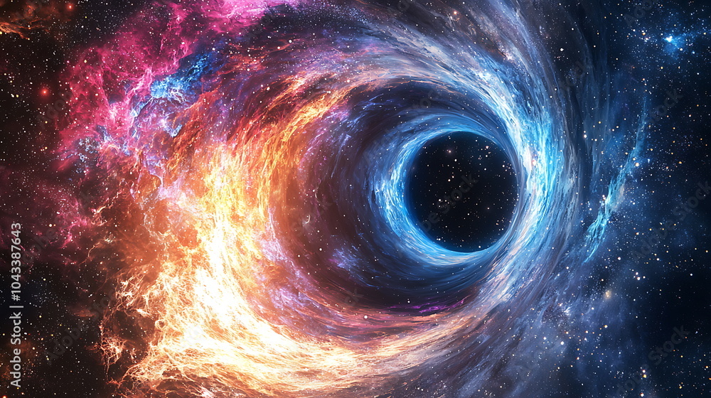 Poster exploring the mysteries of the universe a vivid cosmic vortex with swirling colors and a deep black 