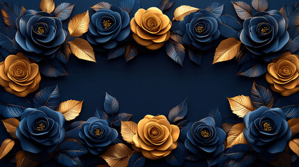 3D Vector gold on blue roses line art, elegant style flowers background.