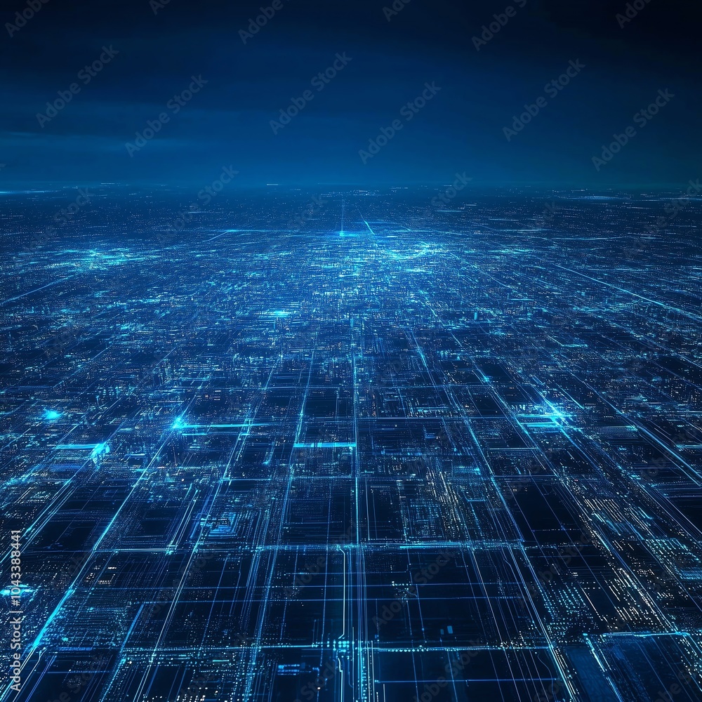 Poster aerial view of a digital landscape with blue circuits pulsing across a dark grid, resembling a glowi