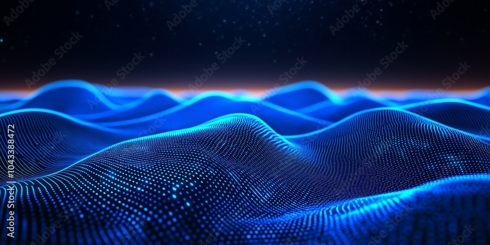 Poster futuristic dark landscape with glowing blue circuit lines spreading across a sleek surface, minimal 