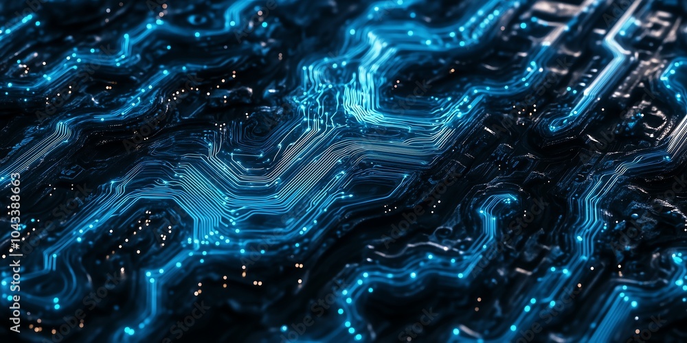 Poster top-down view of high-tech surface with glowing blue circuit lines flowing gracefully, forming intri