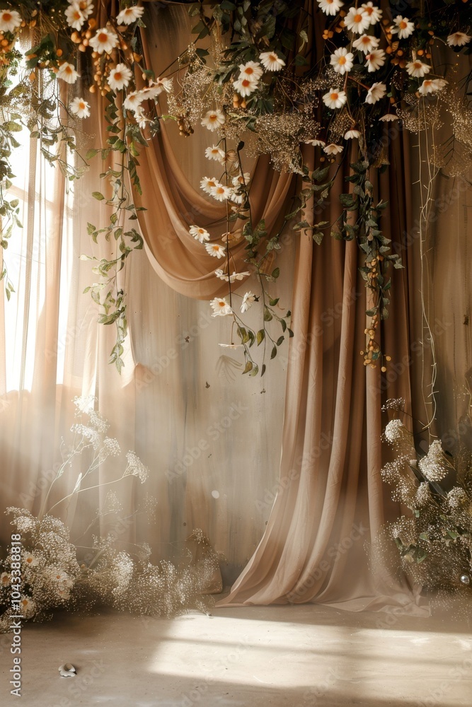 Poster rustic scandinavian style muted beige studio backdrop with a matte finish, soft brown curtains with 