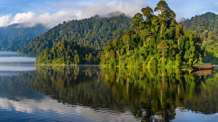 serene mountain lake at dawn with mist over crystal-clear waters