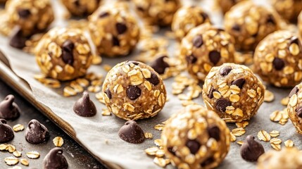 A tray of homemade oatmeal balls with melted chocolate chips, perfect for snacking or gift-giving