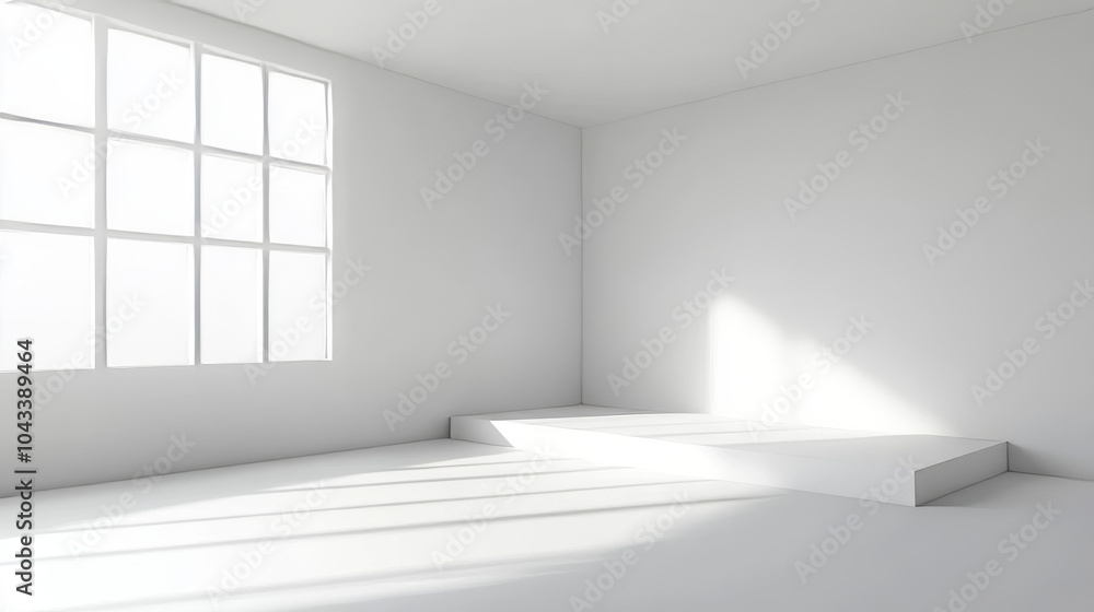 Poster a plain white 3d room with a simple white cube platform. perfect for showcasing products with a clea