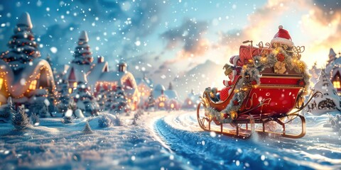 Santa's Sleigh with blurred snowy village background, copy space, cinematic