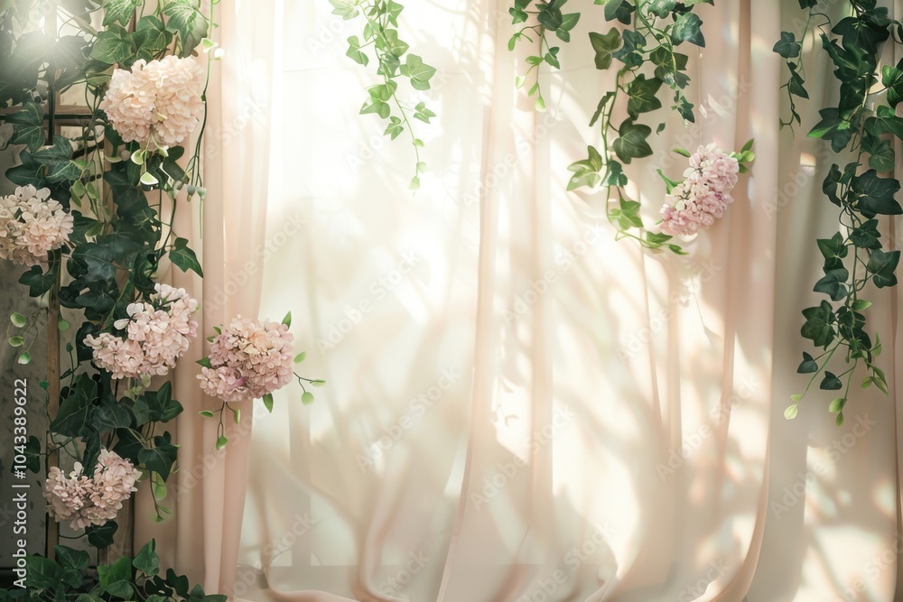 Poster Scandi-Boho style gentle lavender studio backdrop with a matte finish, light beige curtains with minimalist patterns, adorned with clusters of blush hydrangeas and trailing ivy, with light fog haze