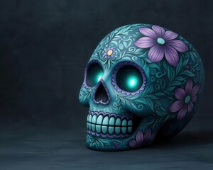 Colorful sugar skull with intricate floral designs against a dark background.