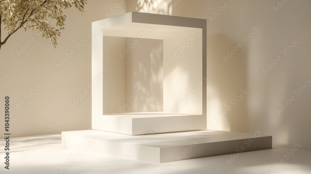 Poster a simple, white 3d room with a platform for showcasing products. it has a cube-shaped stand and a wi