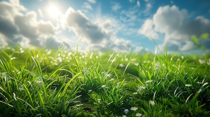 Obraz premium A close-up of fresh green grass in the morning light, creating a refreshing and vibrant atmosphere.