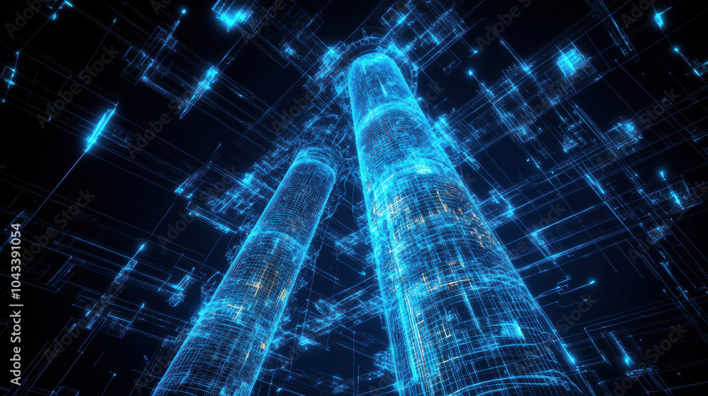 Poster digital architectural structure with glowing beams and lines