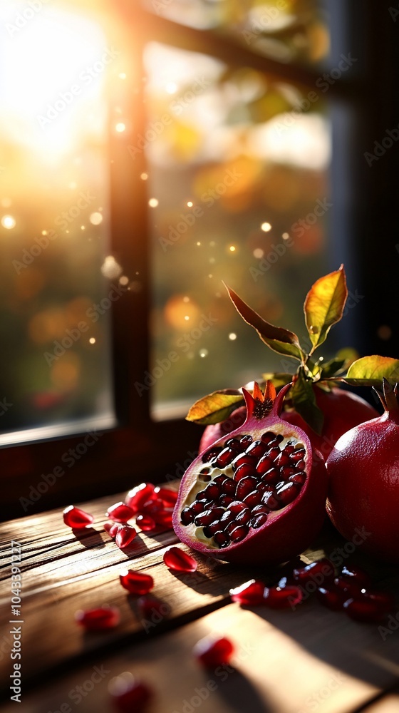 Poster a single pomegranate with seeds scattered around it on a wooden table next to a window with sunlight