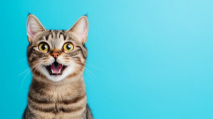 Obraz premium Portrait of a happy and excited cat with yellow eyes on isolated blue background