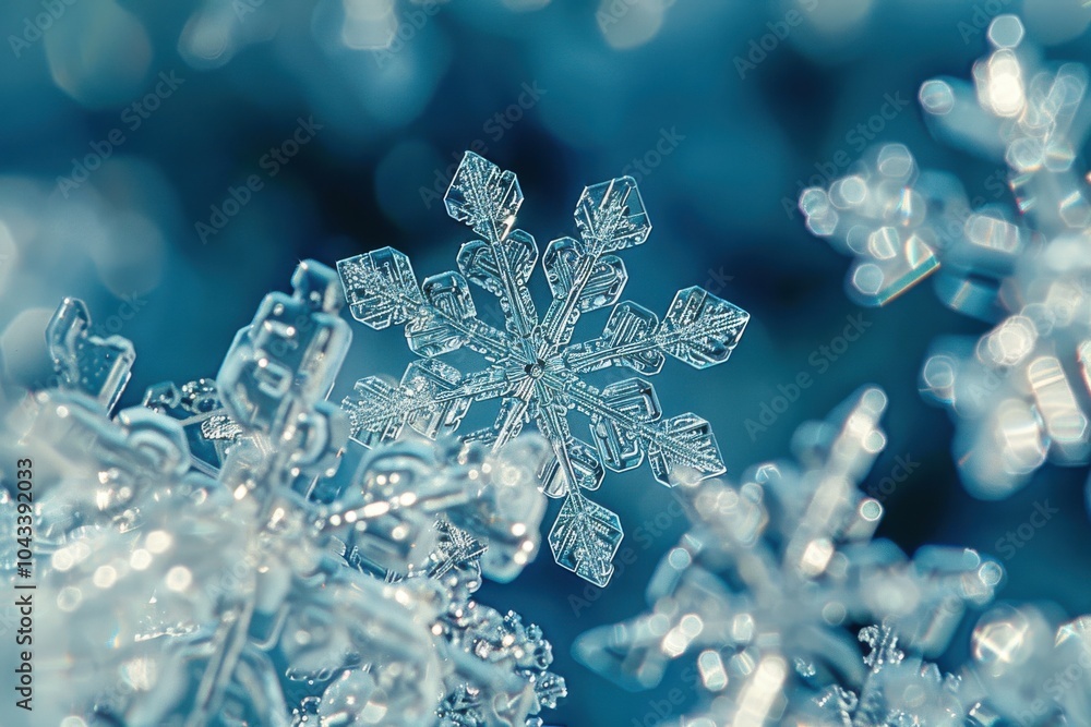 Aufkleber snowflakes: a macro image of individual snowflakes, emphasizing their unique hexagonal symmetry and 