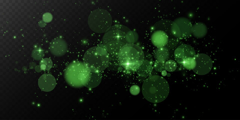 Bokeh, dust sparks and green stars glow with special light. Vector sparks on black background. Christmas light effect. Sparkling particles of magic dust.

