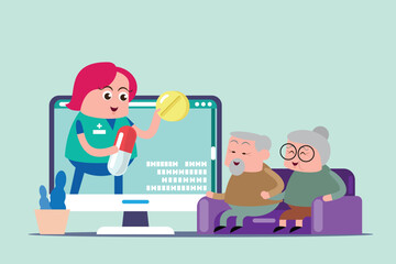 emotion cute vector, illustration flat cartoom character man , nurse and doctor show explain media on line how take care good for healthy.