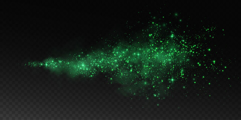 Fantastic smoke background. Magic smoke with glitter and small particles of twinkling stars, fog with glowing particles, green vapour with stardust. Vector illustration.  © andreu1990