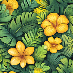 Fototapeta premium Tropical Leaf Seamless Pattern. Line Art Style. with green background