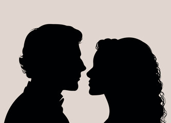 Beautiful wedding couple silhouette portrait, love, black outline, vector illustration, bride and groom