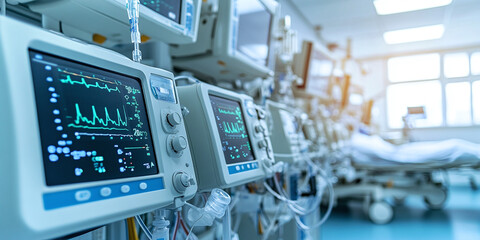Fototapeta premium A close-up of a ventilator machine monitoring a patient’s vital signs in a hospital room. The detailed screen displays heart rate, oxygen levels, and other crucial life-saving