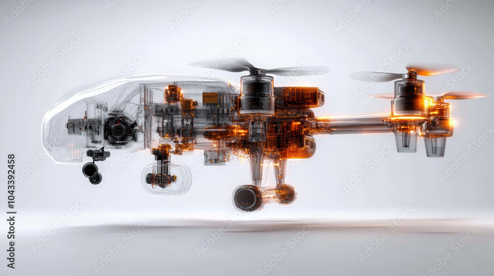 Poster x ray scan of high tech drone showcasing detailed components and design