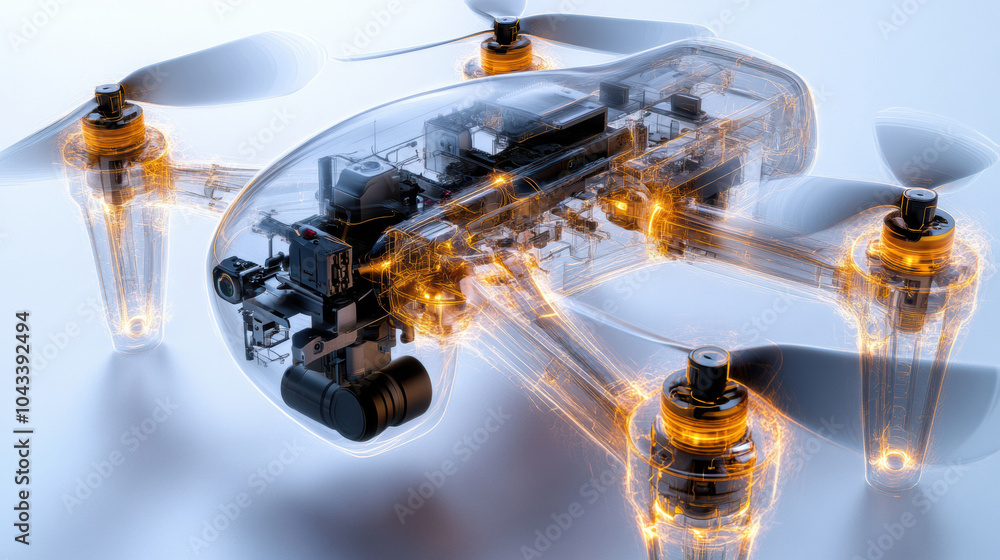 Poster high tech drone with detailed components and x ray scan effect