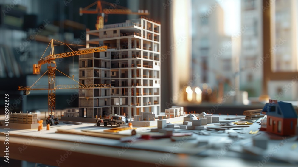 Poster a small-scale model of a building under construction on a table