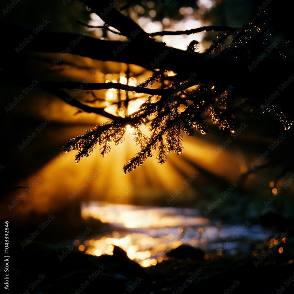 Poster sun rays shining through tree branches over a flowing stream.