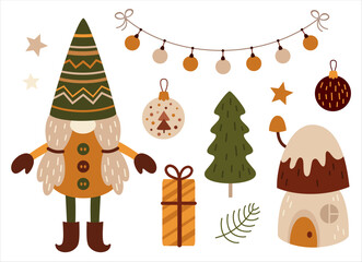 Boho Christmas gnome, christmas tree, ornaments, gift, garland clipart. Cute festive elements. Hand draw vector illustration in flat style