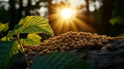 Fototapeta premium Golden seeds scattered on a tree trunk at sunset with a sunburst shining through the forest.