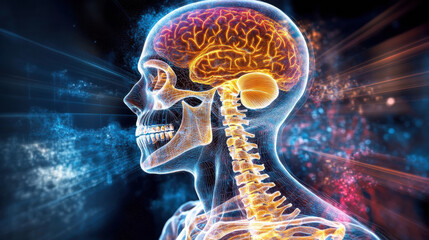 Fototapeta premium X ray view of human skeleton with vibrant colors showcasing brain and spine