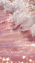 Obraz premium Crystal-clear, pink water, with pink-gold glitter floating on the surface of sparkling waves. Sparkling, golden light reflections, light tones, and crystal clarity, captured through macro photography