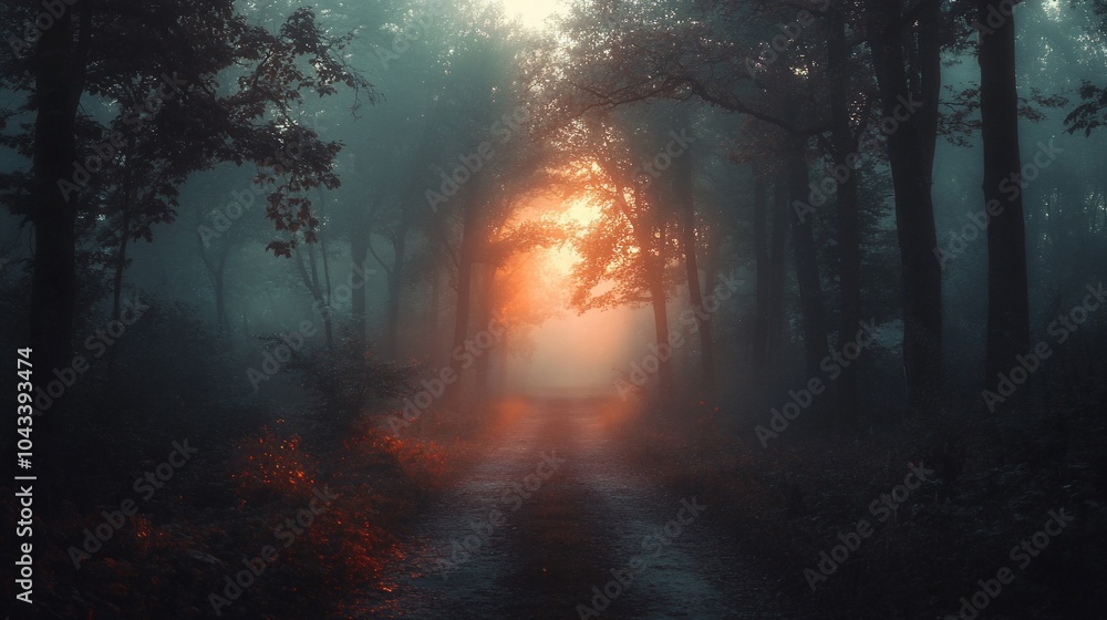 Poster a path through a misty forest with a bright orange light shining through the trees at the end.