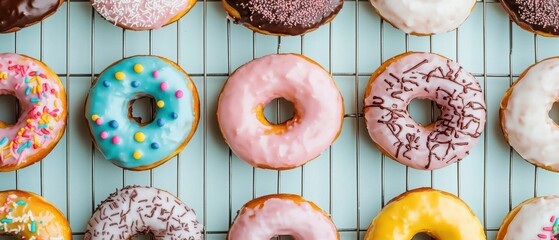 A colorful array of delicious donuts on a cooling rack treat yourself to these sweet temptations