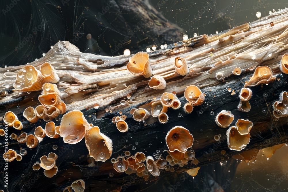Poster spore clusters: a high-resolution shot of clusters of fungi spores on a decaying log, illustrating t