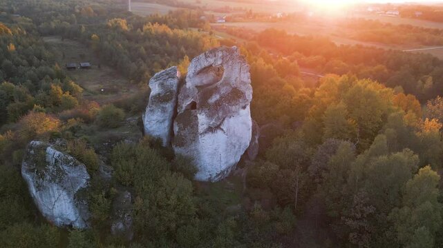 Aerial of Okiennik Wielki limestone boulders Jurassic Highland In Silesia Poland