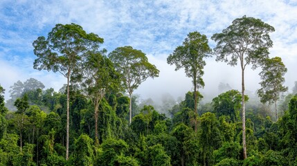 Fototapeta premium Aerial view of a rainforest canopy, lush and green, with fog drifting between the treetops, representing Earths vital ecosystems