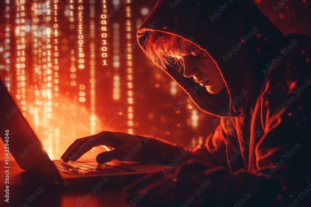 Poster mysterious hacker in a red hoodie