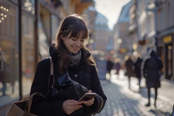 Fototapeta premium Woman walks down the street looking at her cell phone, possibly checking messages or navigating