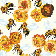 Seamless pattern with bees and flowers on color background. Small wasp. Vector illustration. Adorable cartoon character. Template design for invitation, cards, textile, fabric. Doodle style