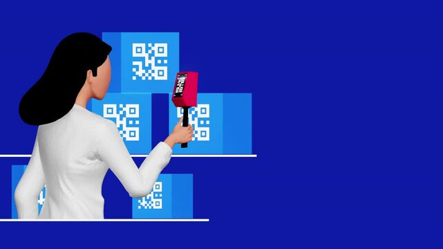 QR generator online. A girl scans a QR code with a special machine. Modern warehouse technologies, automated inventory management systems, product information. Blue background. 3d animation. No face.