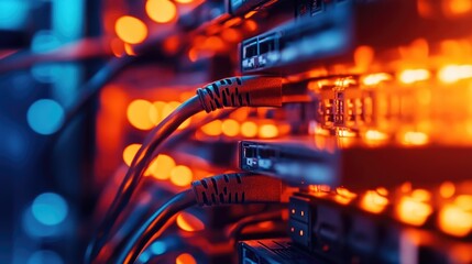 Close-Up of Network Cables and Devices in IT Center with Orange and Blue Lighting