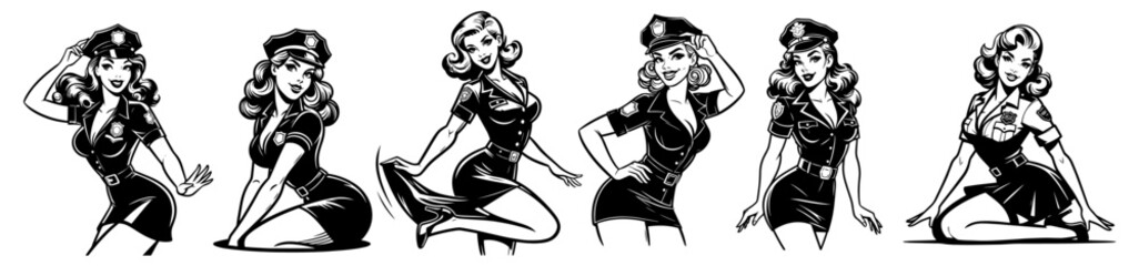 beauty pin-up girl illustration, adorable beautiful pinup woman model, comic book character, black shape silhouette vector decoration policewoman female police officer cop set