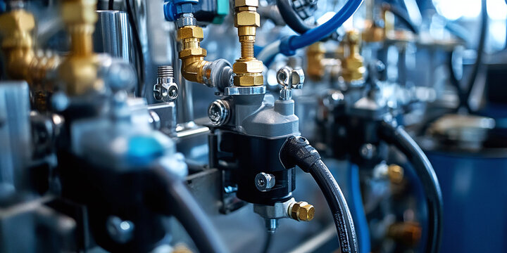  Close-up view of industrial pneumatic tools connected to a compressed air system, with hoses and valves visible. The setup showcases precision and technology in a manufacturing environment