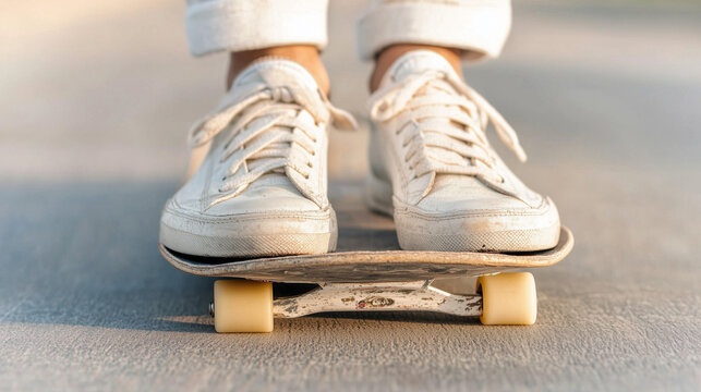 Close Up of Skater Shoes on Board with Worn Grip Tape