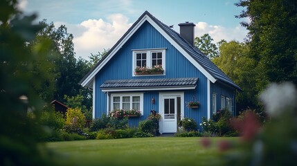 Obraz premium Blue Scandinavian house with white trim, steep gray roof, dormer window. Lush garden, flower boxes, cozy cottage atmosphere in bright daytime scene.