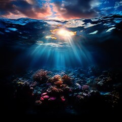 Fototapeta premium Sunbeams illuminate a vibrant coral reef underwater.