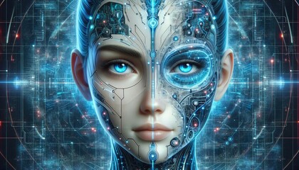 Futuristic Female Humanoid AI: A Blend of Human Features and Cybernetic Elements with Glowing Circuits, Neon Eyes, and Digital Background Representing Neural Networks and Machine Learning