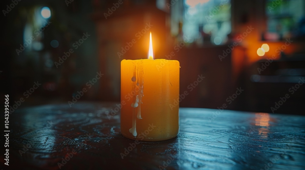 Poster a simple yet powerful image of a single lit candle in a dark room symbolizing the light of divine pr