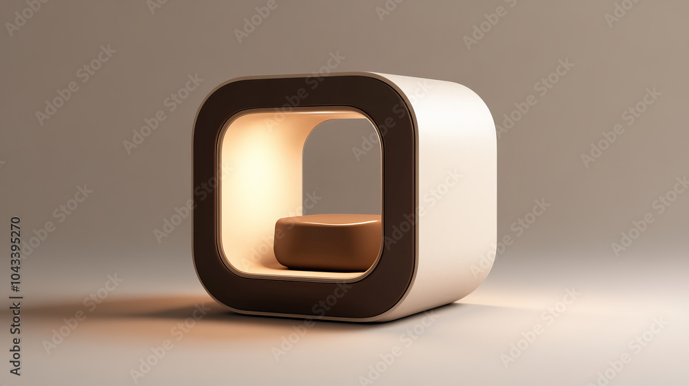 Poster a simple, rounded cube stand with warm brown and beige colors. it has a window that shines light on 